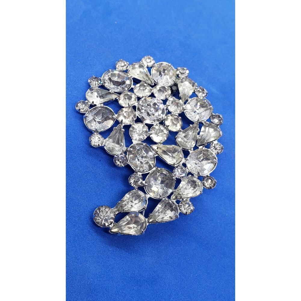 Vintage Rhinestone Brooch Clear Crystal Silver Tone Huge Size Foil Open Backed
